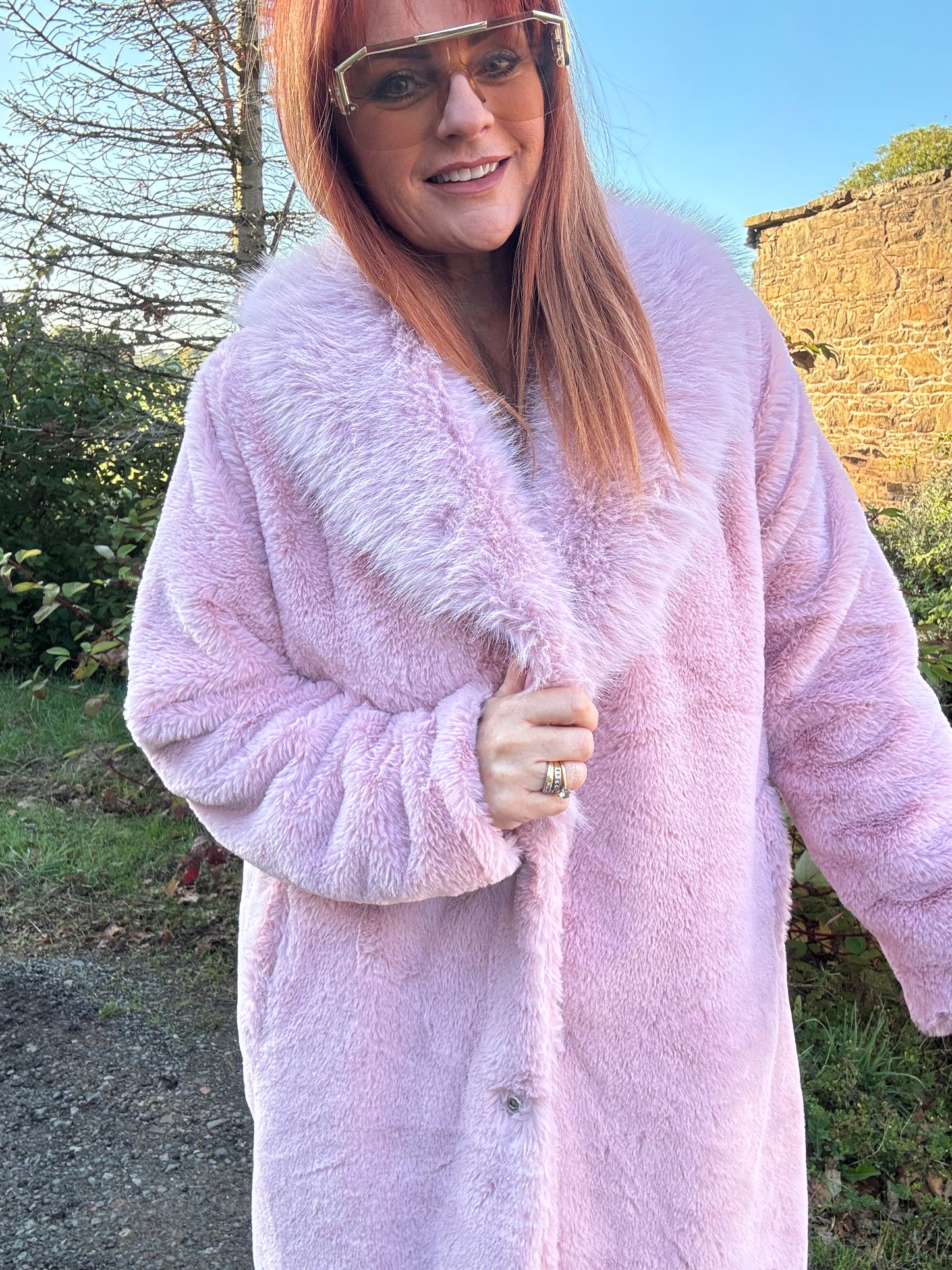 Madeleine: Baby pink long faux fur coat . One size 12-18