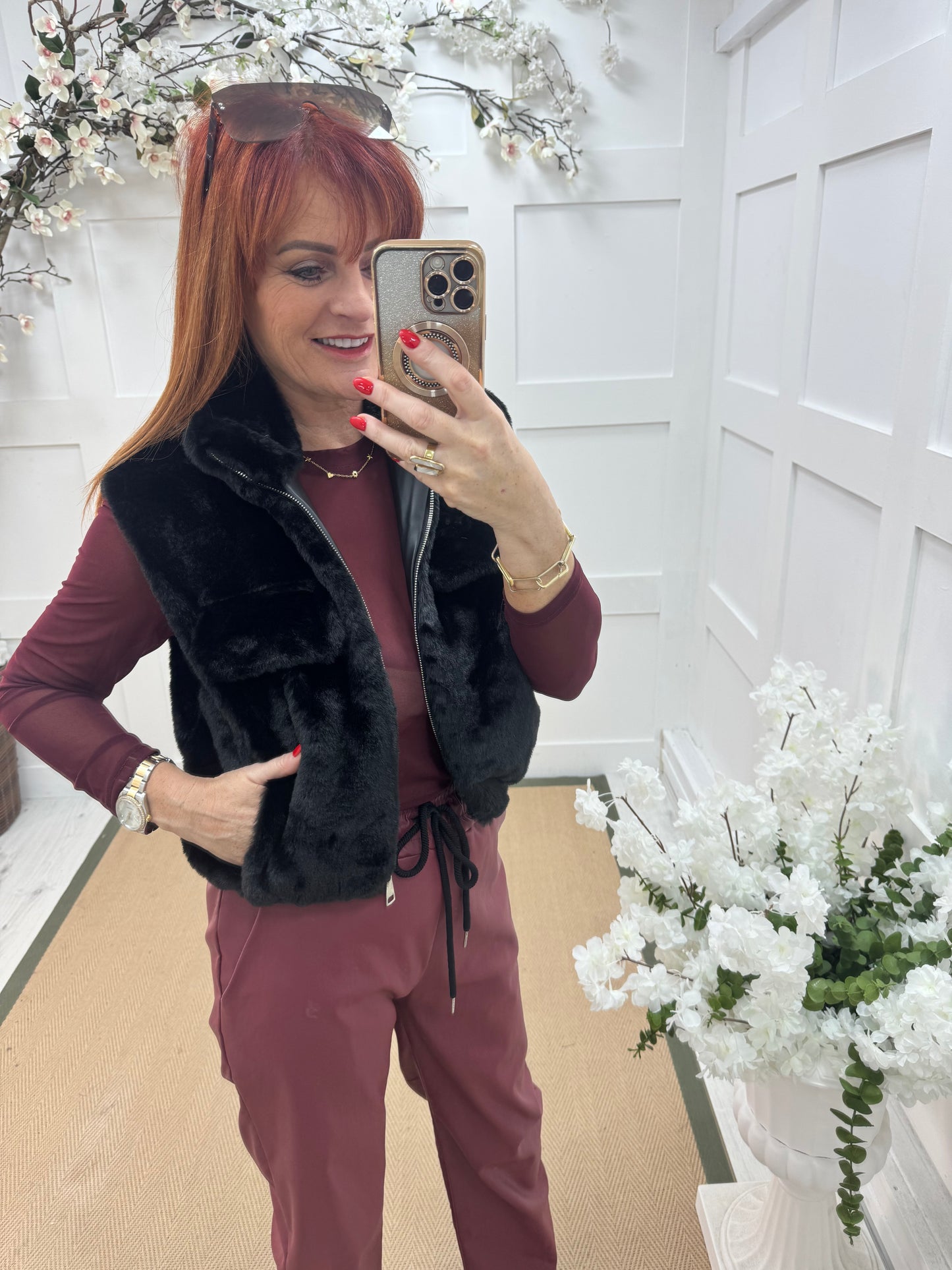 Effie: Black teddy bear faux fur gilet. One size 8-14