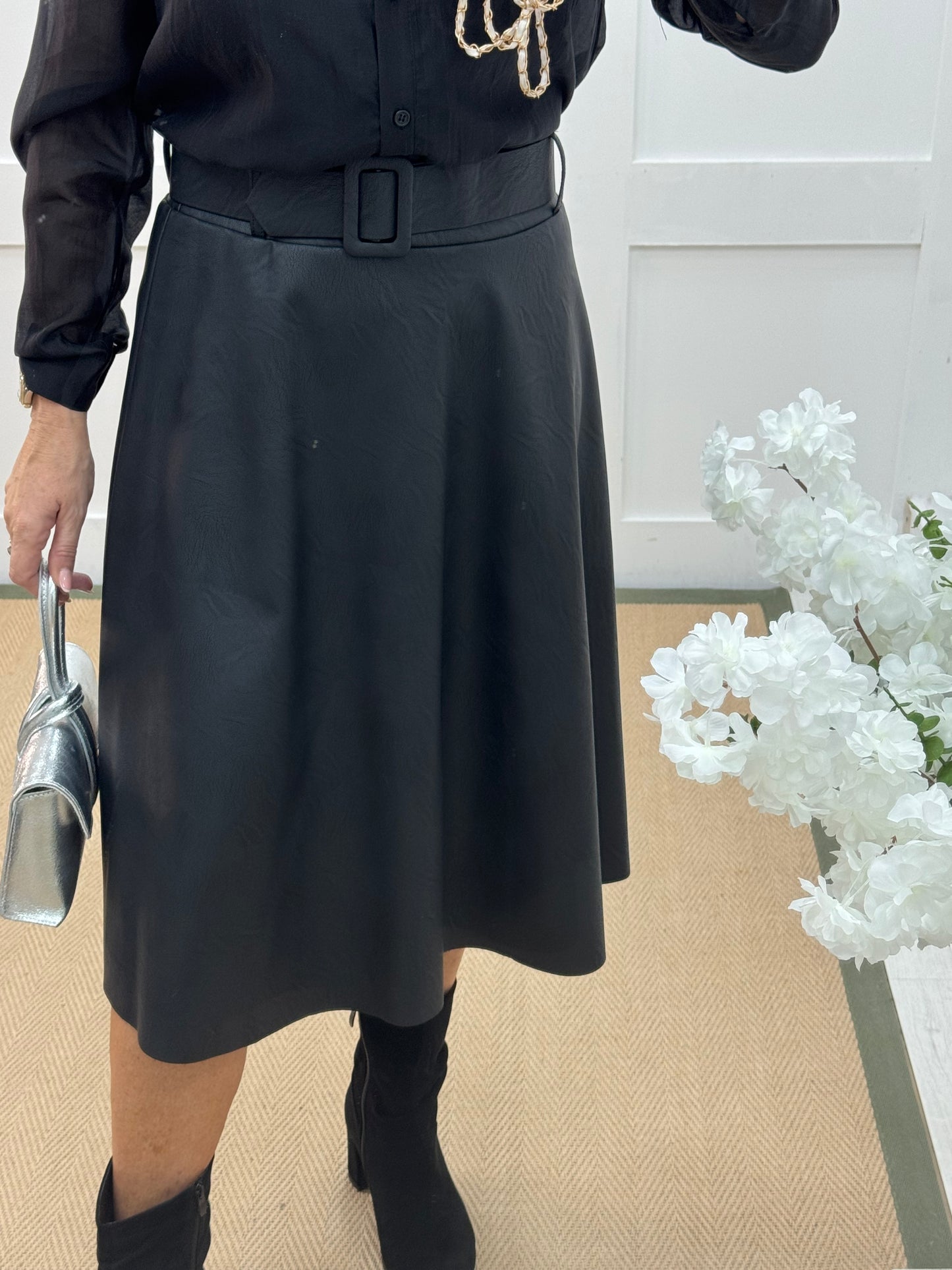 Kendra: Black faux leather belted skirt. One size: 8-12