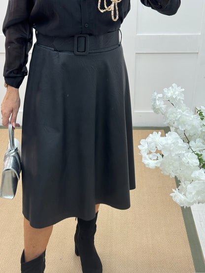 Kendra: Black faux leather belted skirt. One size: 8-12