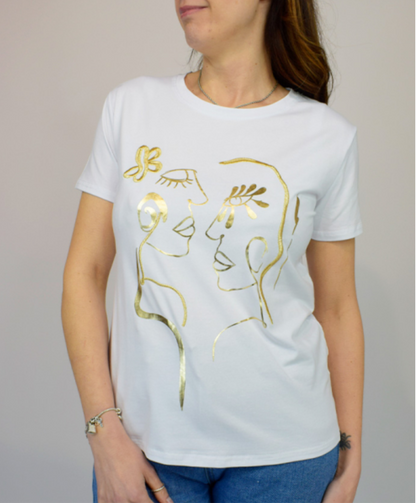 Keeley: Gold embroidered Picasso print T shirt. 2 sizes