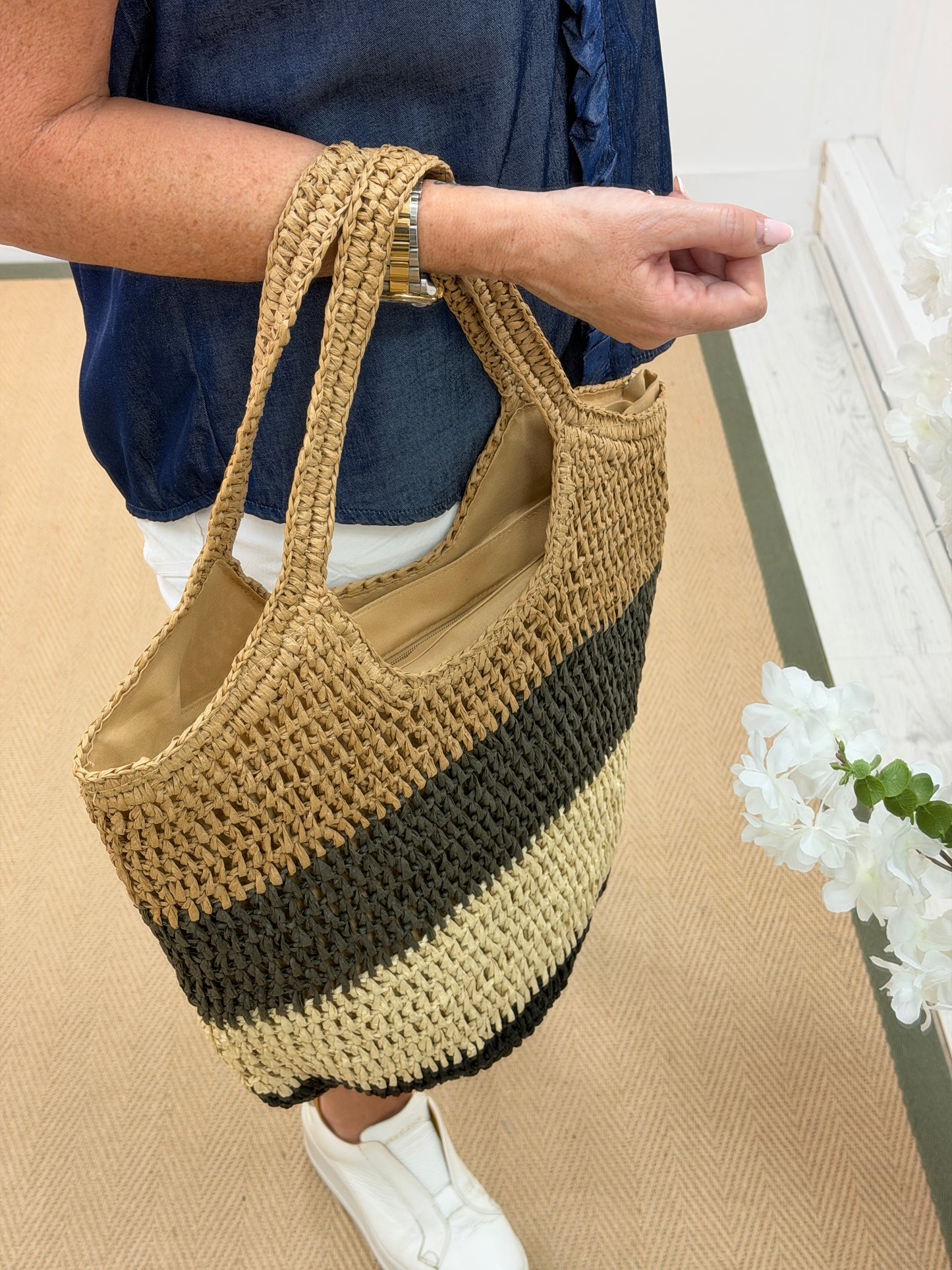 Luna: Camel, brown & cream woven tote bag