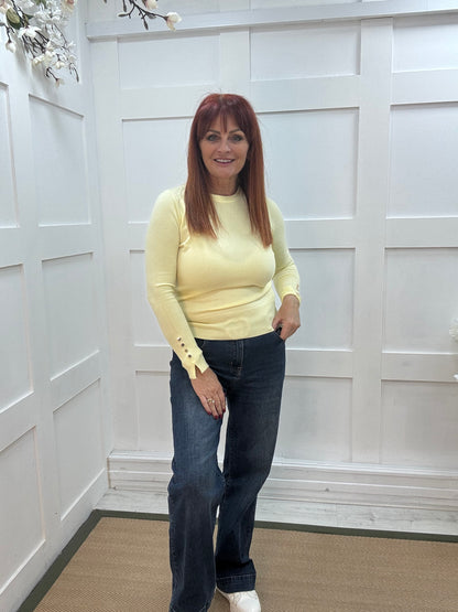 Lulu: Lemon gold button knitted top. One Sz: 8-14