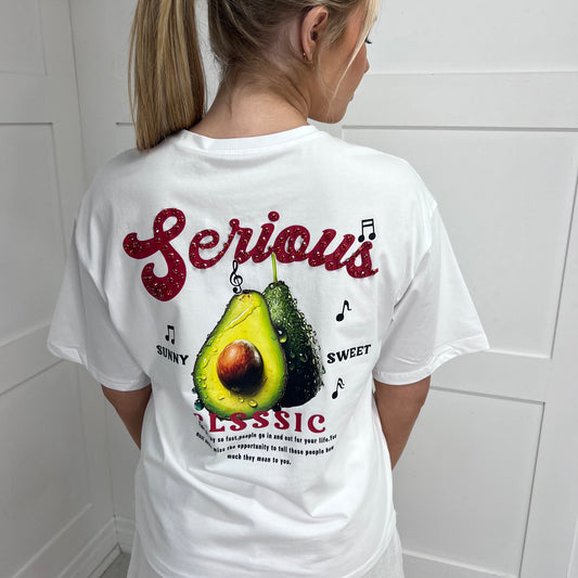 April: White rhinestone avocado T shirt. 2 sizes
