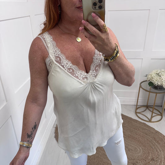 Sylvie: Cream strappy silky lace vest top. One size 10-16