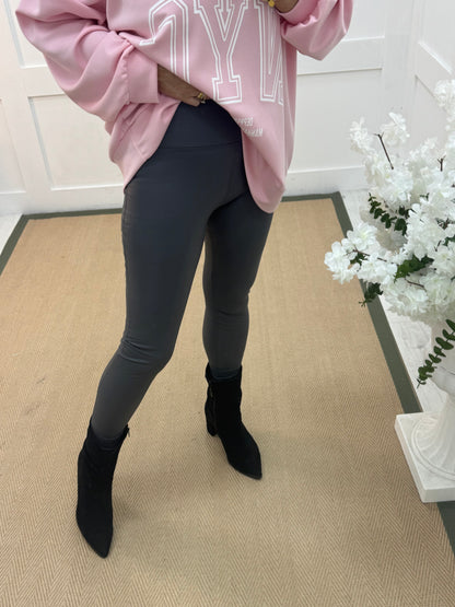 Erin: Grey stretchy faux leather leggings. Sizes 10-22