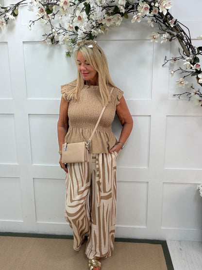 Tanaya: Printed wide leg trousers with belt. One size: 10-16. 4 colours