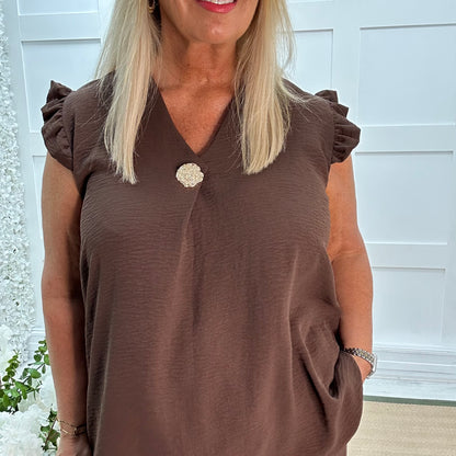 Drew: Brown V neck button top. One size: 14-20