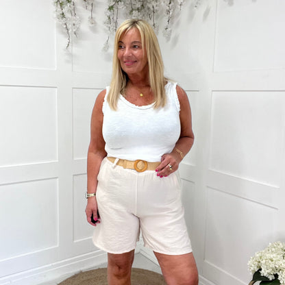 Cally: Cream belted wide leg shorts. One Size 10-16