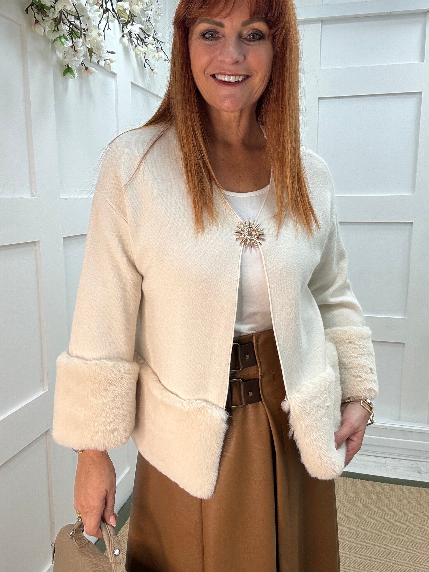 Pixi: Cream faux fur & gold buckle coatigan. One size: 12-18