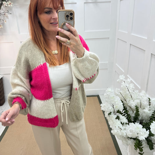 Honey: Pink stripe slouch soft knit cardigan. One size 10-18