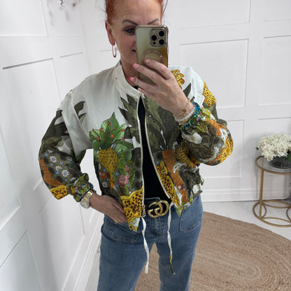 Martha: Silky khaki jungle printed bomber jacket. One size: 8-18