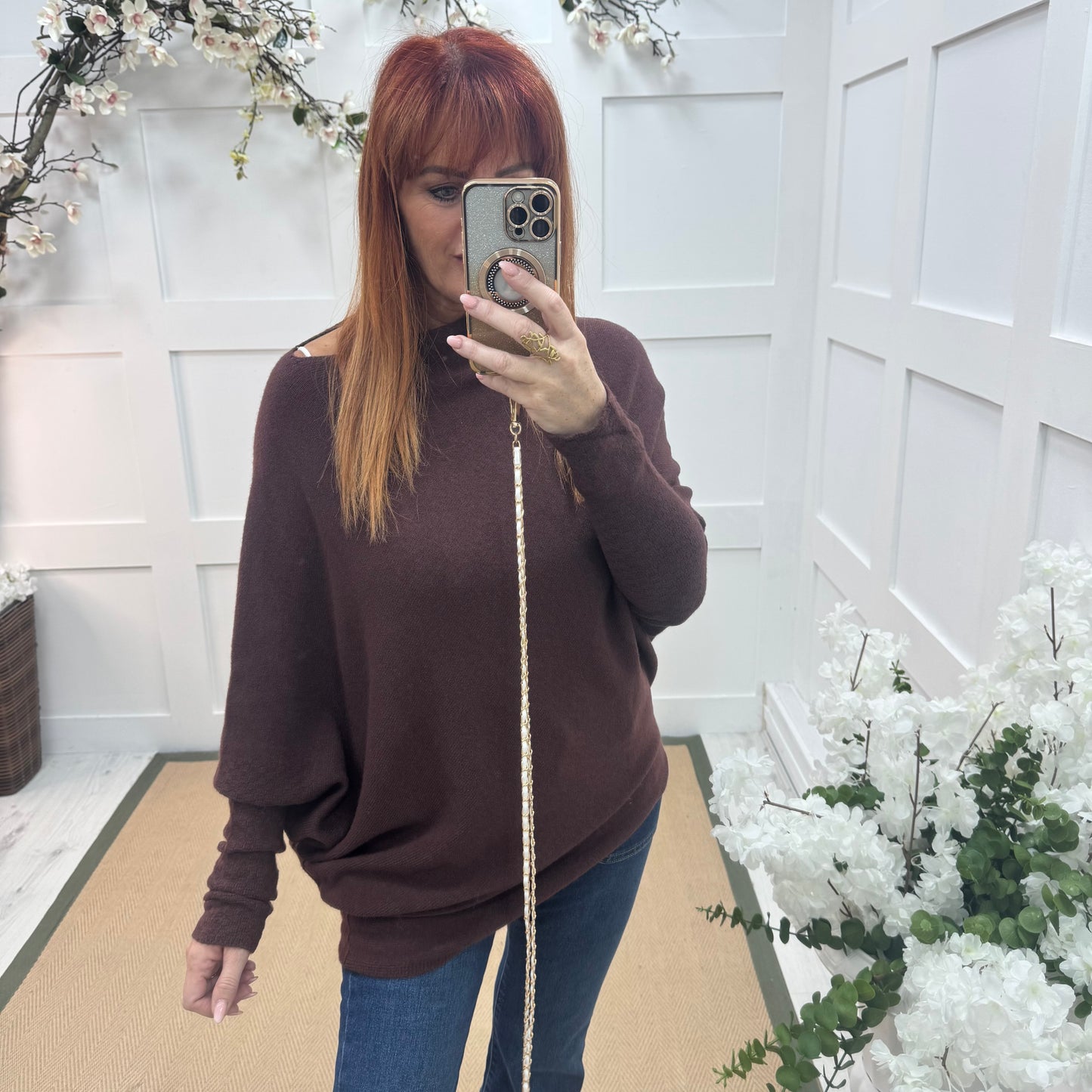 Erica: Brown asymmetrical slouch soft knit top. One size 10-18