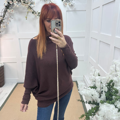 Erica: Brown asymmetrical slouch soft knit top. One size 10-18