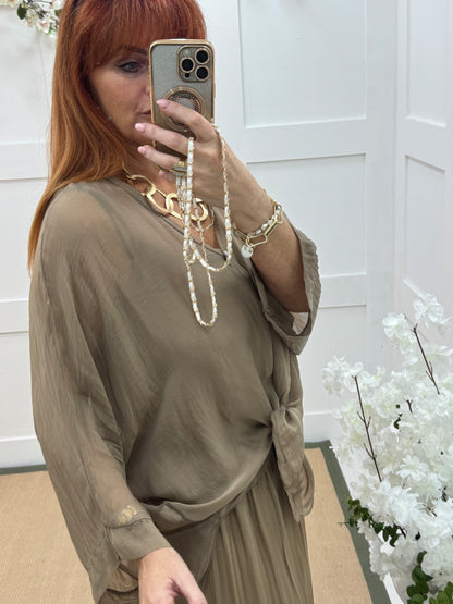 Vienna: Gold V neck silk long sleeve top. One size: 12-20