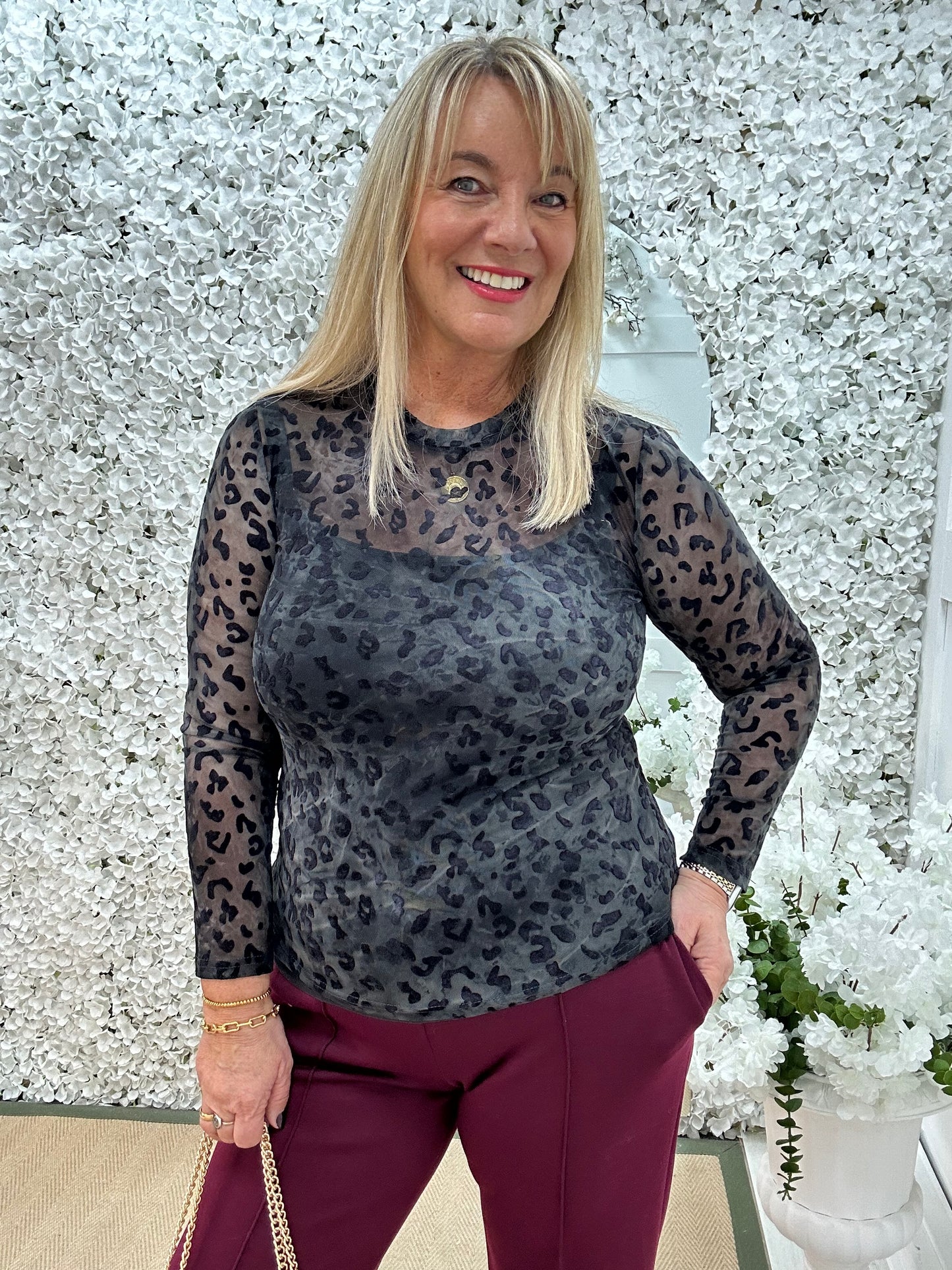 Rhianna: Black velvet leopard print mesh top. One Sz: 10-16