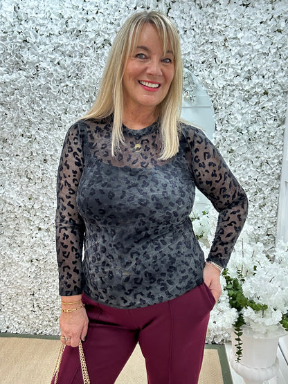 Rhianna: Black velvet leopard print mesh top. One Sz: 10-16