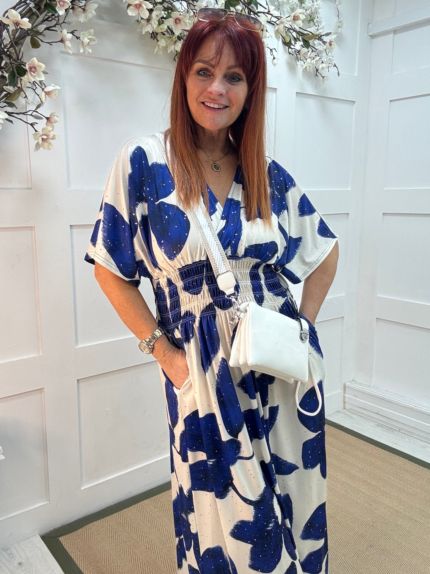 Eva: Stretchy blue & white leaf maxi dress. One size 12-22