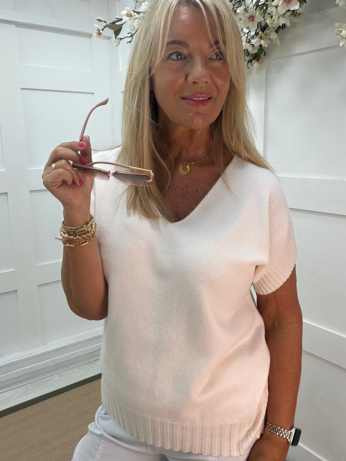 Trina: Soft knit long V-neck top. One size 12-18. 5 colours