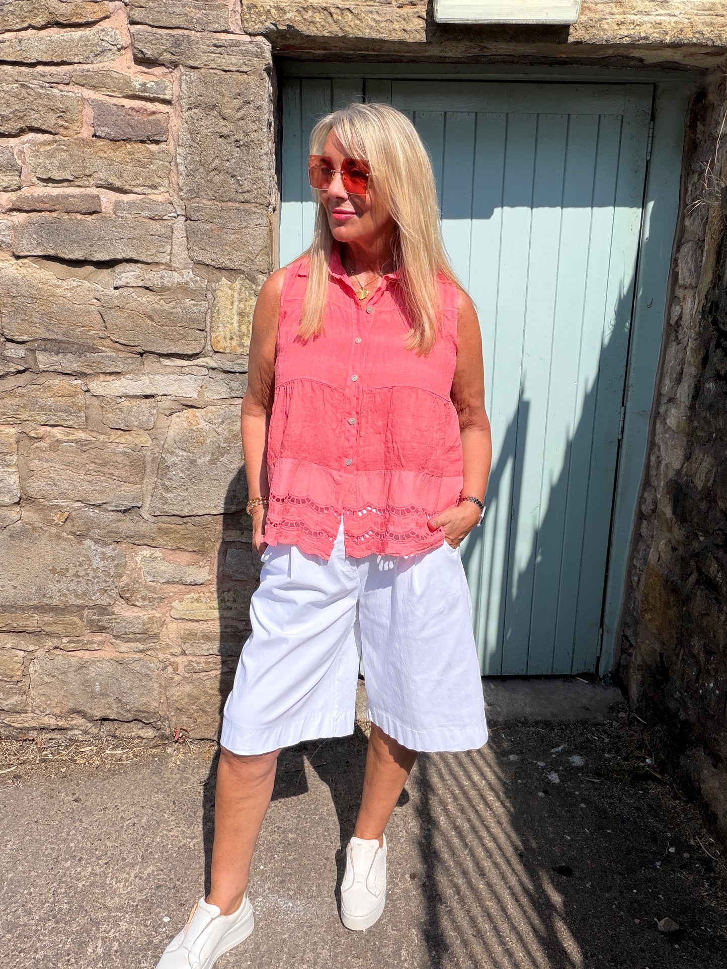 Rosa: Linen embroidered shirt top. One size: 12-16. 4 colours