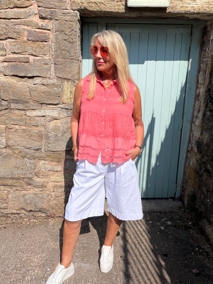 Rosa: Linen embroidered shirt top. One size: 12-16. 4 colours