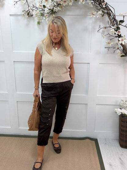 Mika: Stretchy military button detail magic trousers. One size 14-18. 3 colours