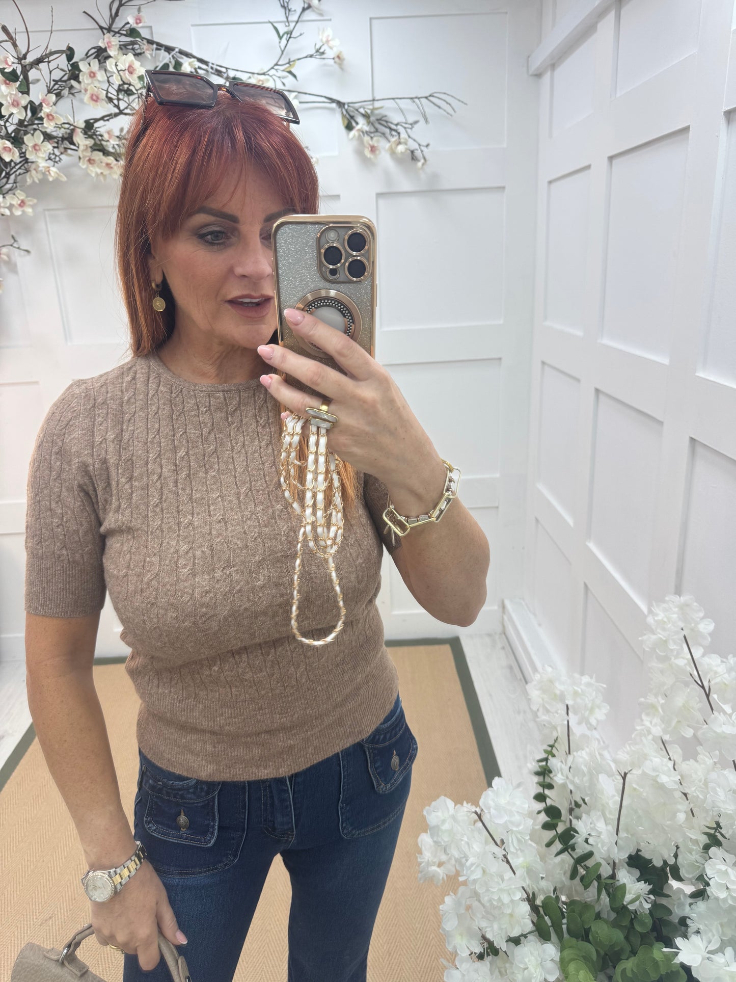 Pip: Mocha short sleeve soft knit top. One size: 10-14