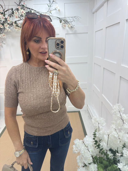 Pip: Mocha short sleeve soft knit top. One size: 10-14