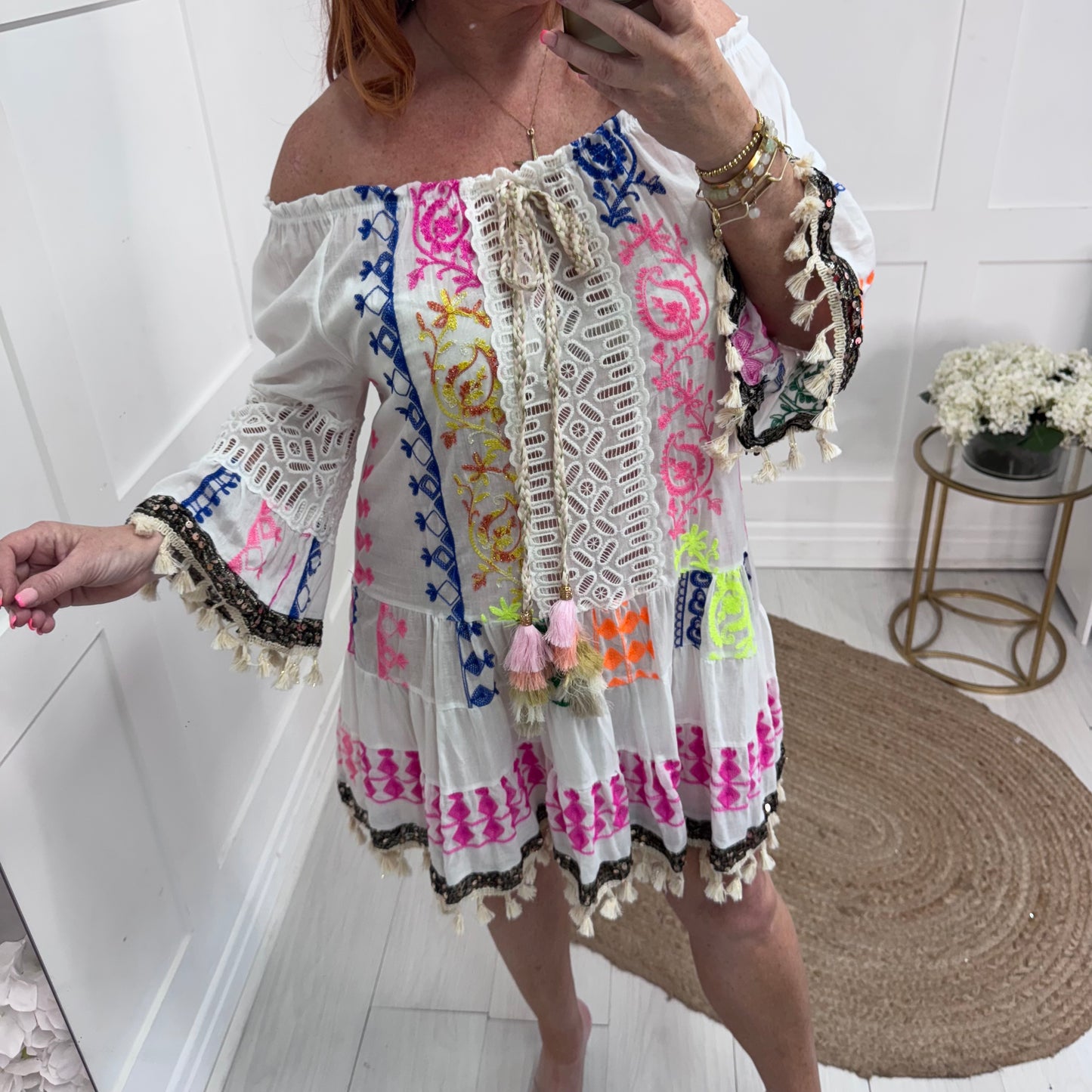 Maisie: White & multicoloured embroidered boho dress. One size: 12-18
