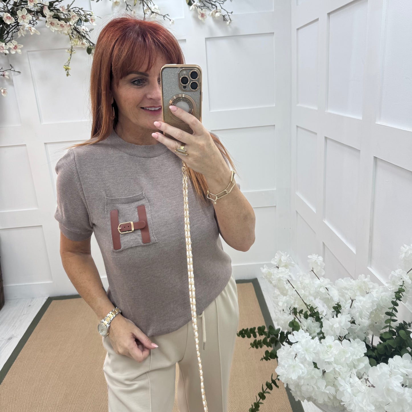 Harley: Mocha H logo knit top. One size: 10-16