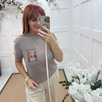 Harley: Mocha H logo knit top. One size: 10-16