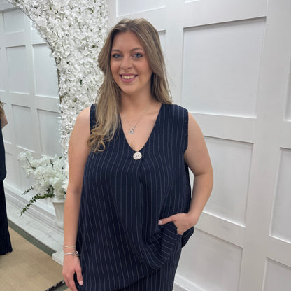 Sasha: Navy pinstripe v neck top. One size: 16-22