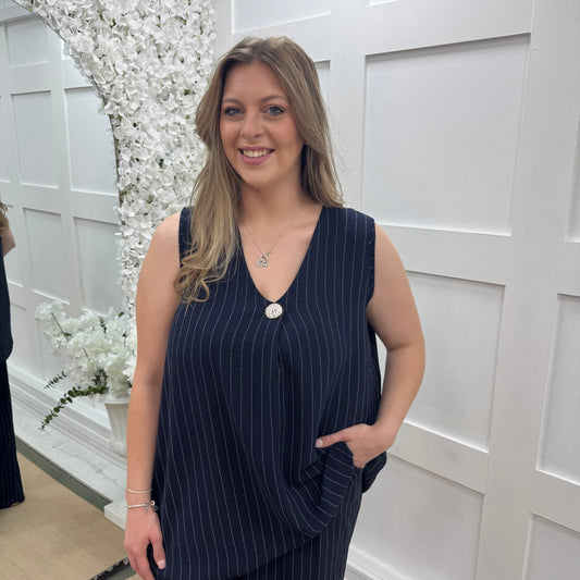 Sasha: Navy pinstripe v neck top. One size: 16-22
