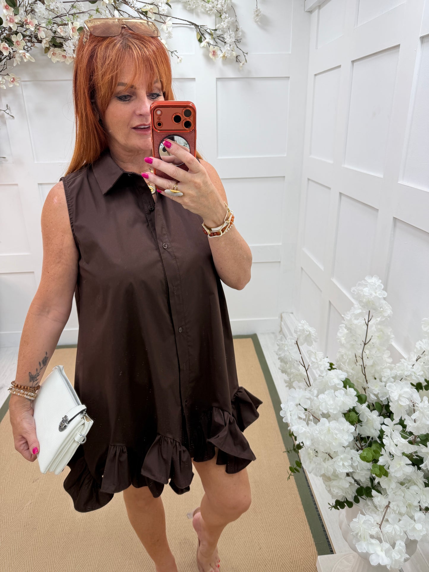 Millie: Sleeveless button front frill hem tunic dress. One size: 12–18. 4 colours