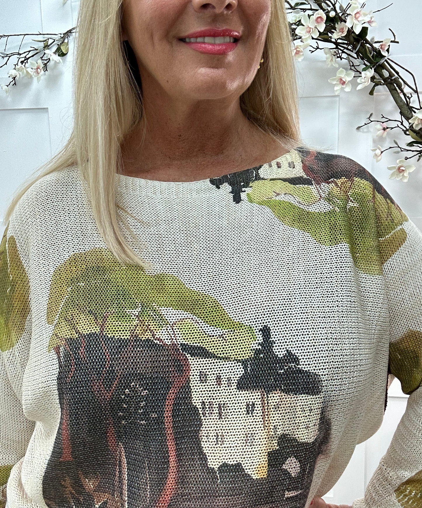 Billie: Khaki Italian print stretchy top. One size: 12-18