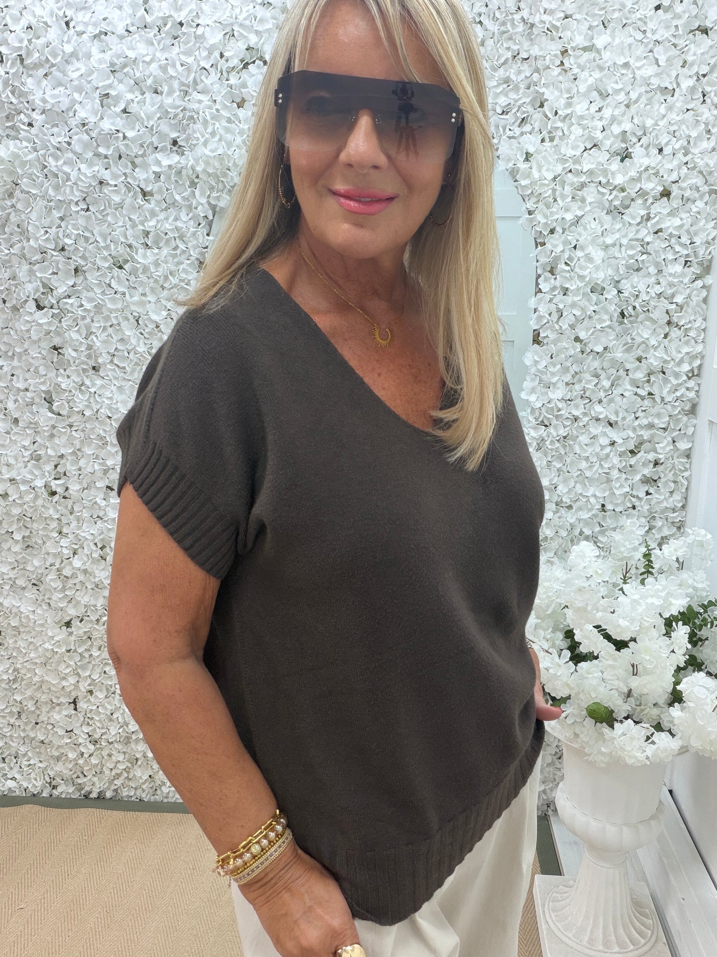 Trina: Soft knit long V-neck top. One size 12-18. 5 colours