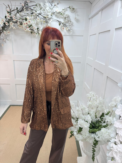 Zarina: Bronze sequin blazer. One size: 12-16