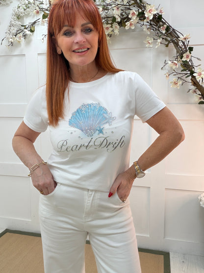 Marina: White & blue diamanté’ shell print T shirt. 2 sizes
