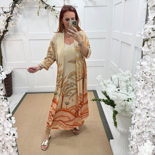 Stevie: Orange palm tree fine knit cardigan. One Size: 14-18