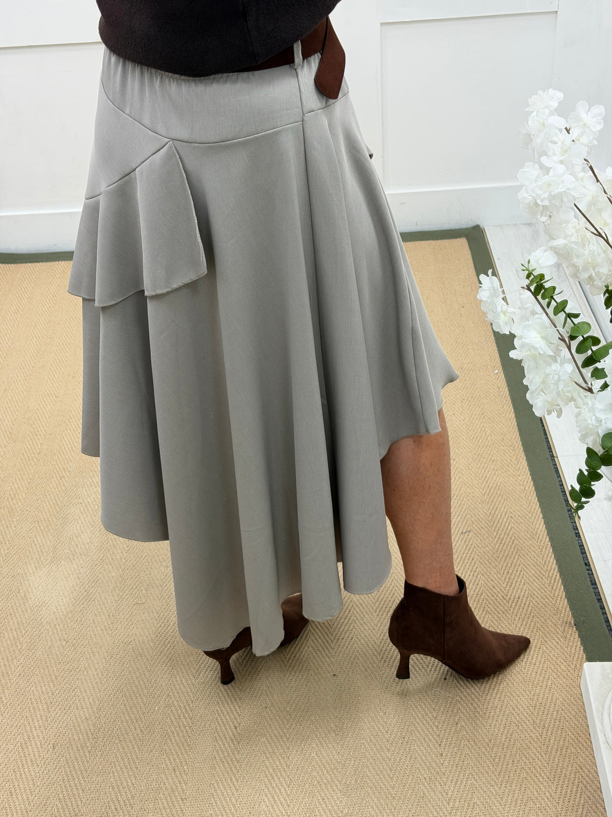 Sabrina: Asymmetrical layered belted midi skirt. One size: 10-16. 3 colours