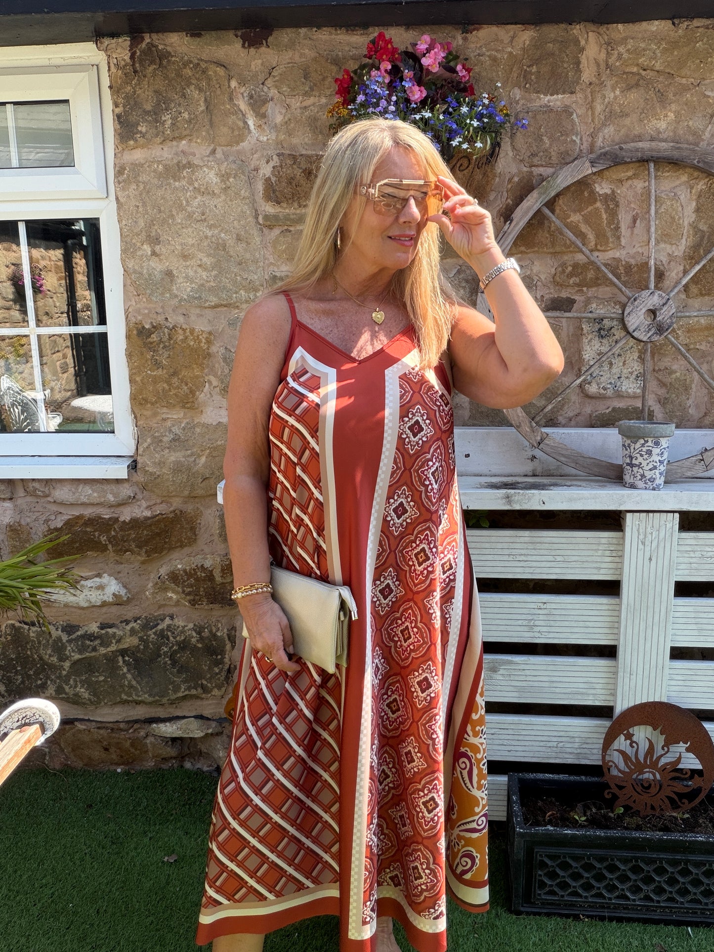 Scarlett: Silky geometric printed maxi dress. One size 10-16. 4 colours