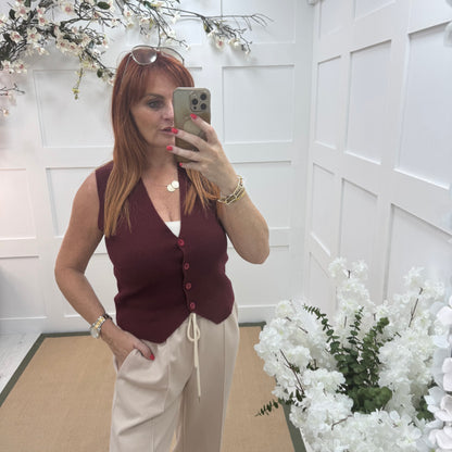 Saffron: Burgundy fine knit button waistcoat. One size: 10-16