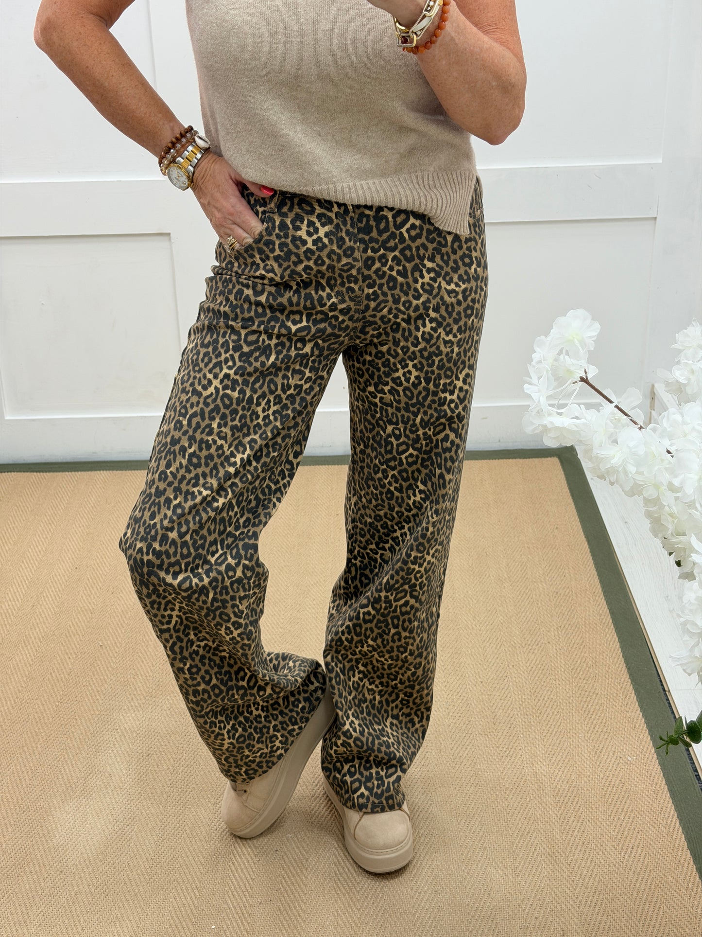 Polly: Leopard print wide leg jeans. Sizes: 8-18
