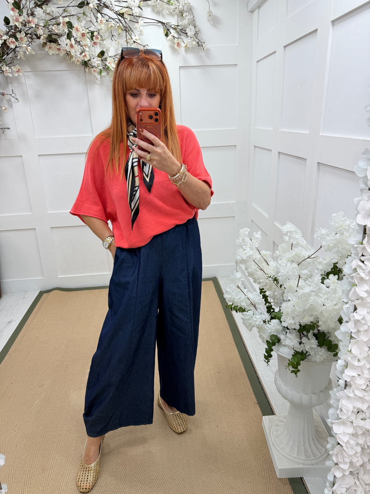 Josie: Dark denim blue barrel jean style trousers. One size: 12-18