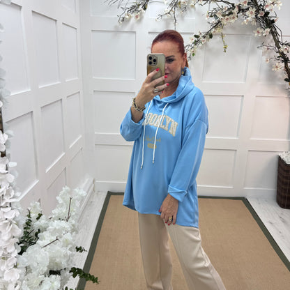 Madison: Baby blue Brooklyn logo hoodie. One size: 12-18