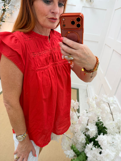 Scarlett: Red embroidered smock blouse. 3 sizes