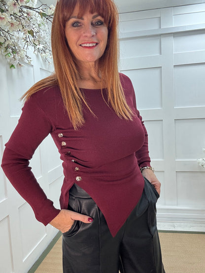 Audra: Burgundy ruched gold button top. 2 sizes