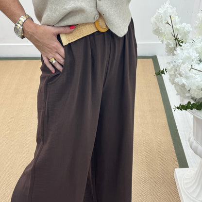 Tiggy: Brown wide leg belted trousers. One size: 10-16