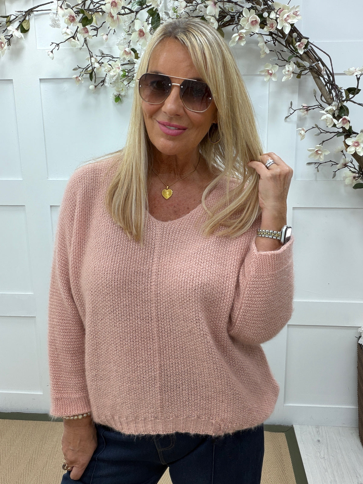Mara: V neck long sleeve slouchy knit top. One size: 12-18. 4 colours