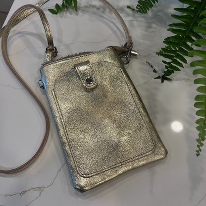 Petra: Gold Italian leather phone cross body travel bag